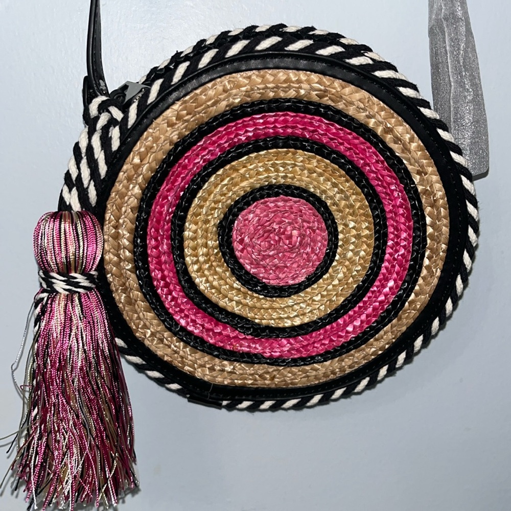 Rebecca Minkoff Pink, Tan & Black Round Woven Crossbody Bag with Tassel